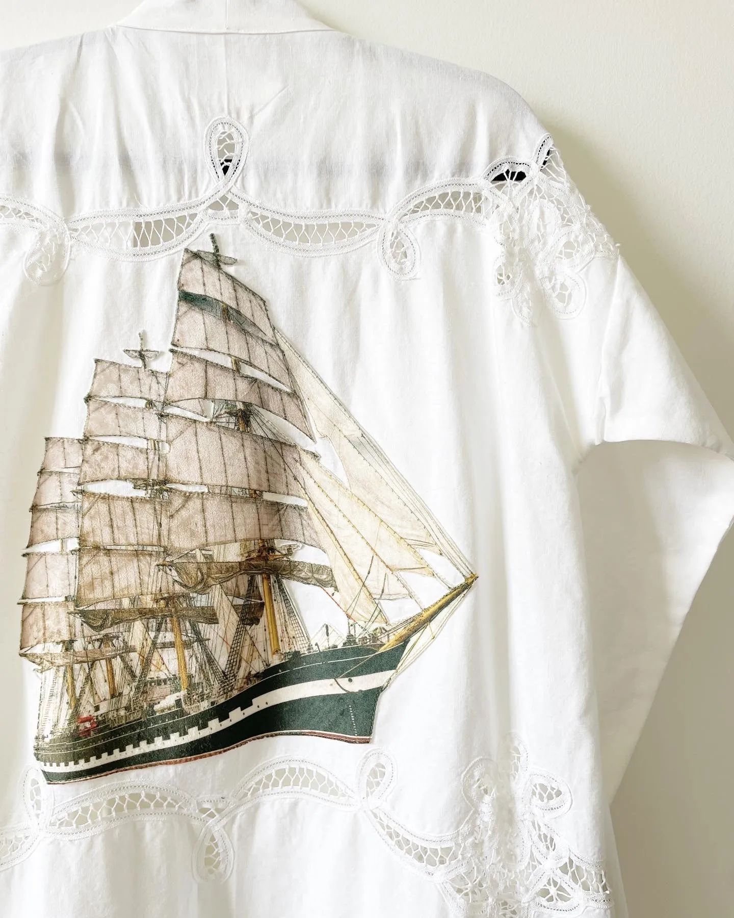 White Vintage Cotton Lace with Ship Caftan