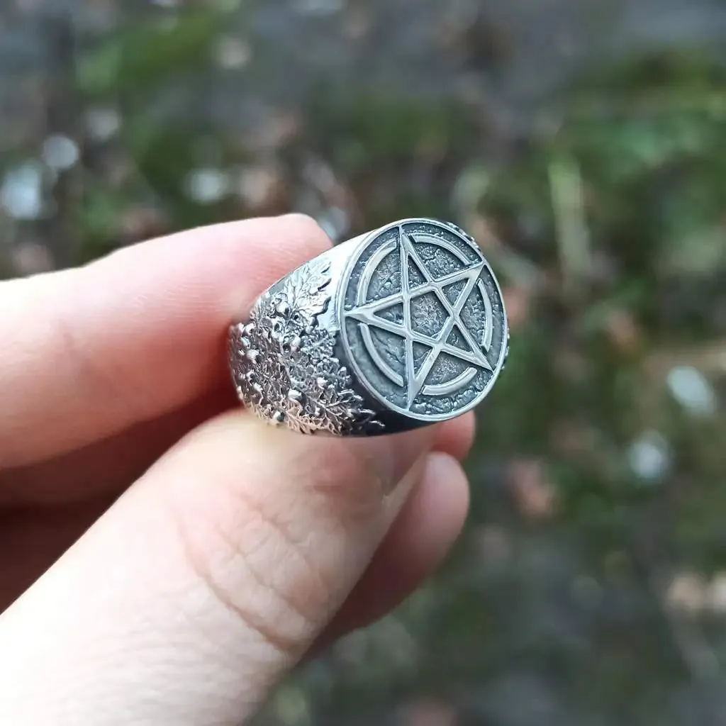 Wiccan pentacle signet silver ring