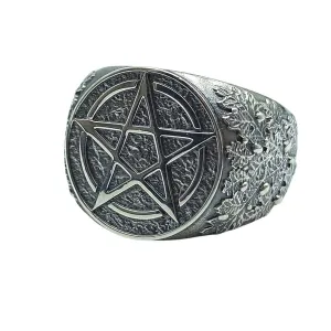 Wiccan pentacle signet silver ring