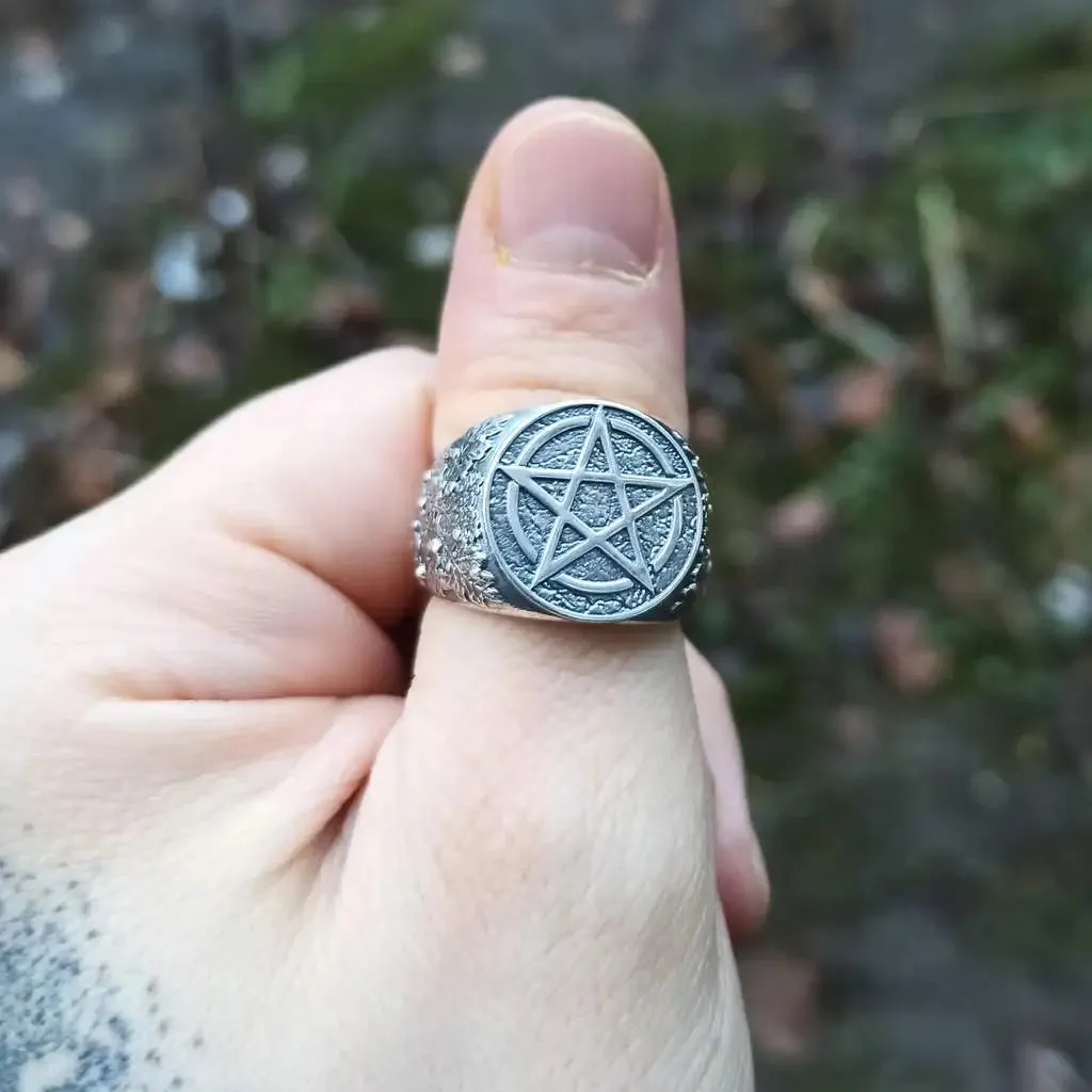 Wiccan pentacle signet silver ring