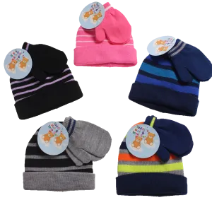 Winter-Hats Toddler & Infant Striped Cuff Knit Hat & Mitten Set, Assorted Designs
