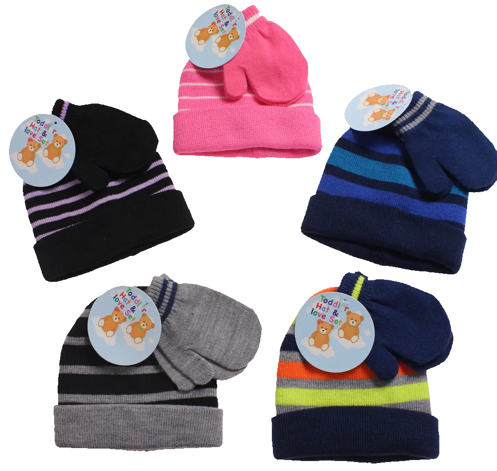 Winter-Hats Toddler & Infant Striped Cuff Knit Hat & Mitten Set, Assorted Designs