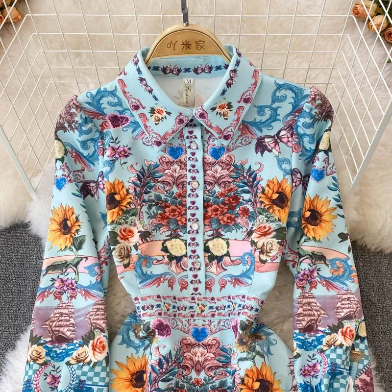 Women Long Sleeve Buttons Flower Printed High Waist Dress