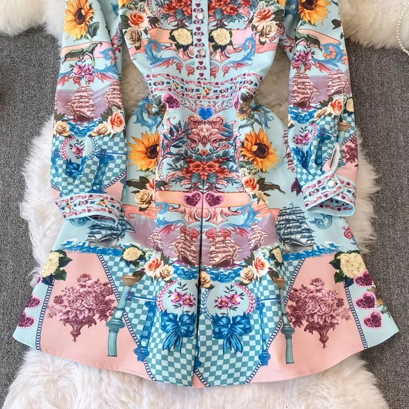 Women Long Sleeve Buttons Flower Printed High Waist Dress
