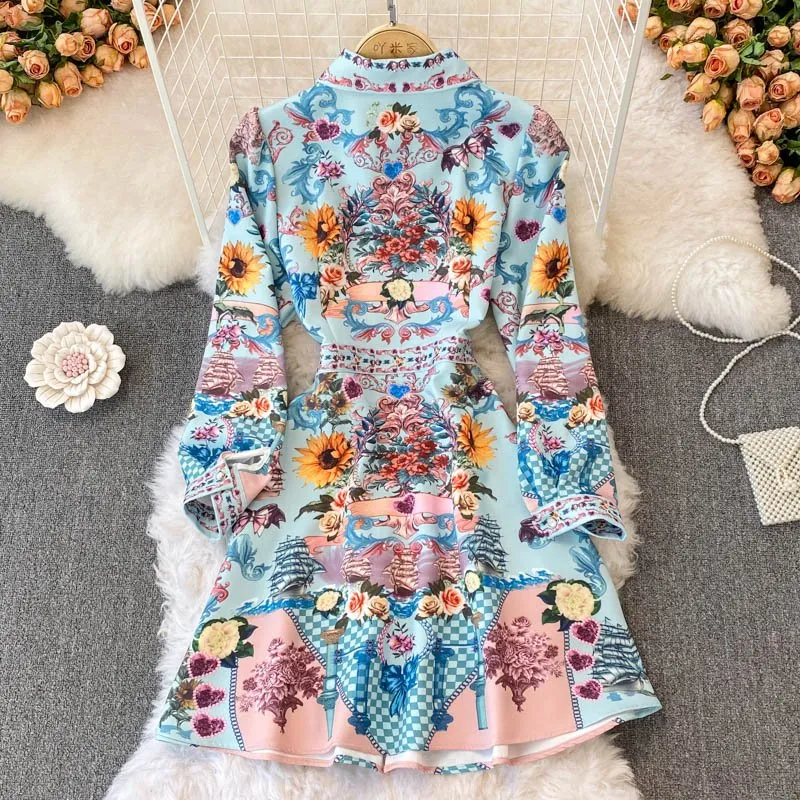 Women Long Sleeve Buttons Flower Printed High Waist Dress