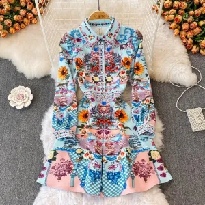Women Long Sleeve Buttons Flower Printed High Waist Dress