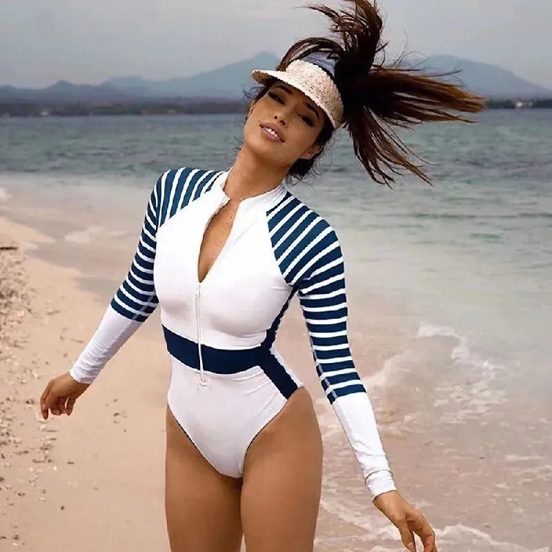 Women Rashguard: Navy Blue-White Long Sleeve Striped One Piece Swimsuit
