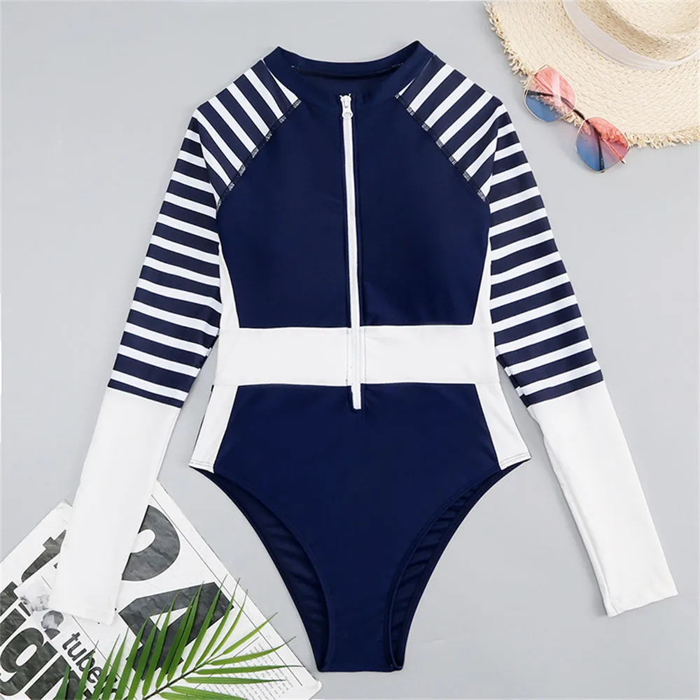 Women Rashguard: Navy Blue-White Long Sleeve Striped One Piece Swimsuit