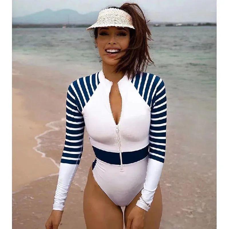 Women Rashguard: Navy Blue-White Long Sleeve Striped One Piece Swimsuit