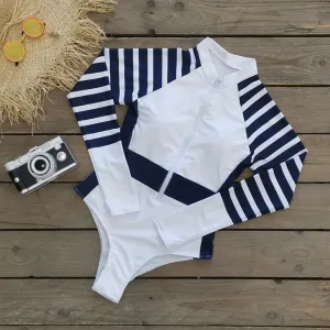 Women Rashguard: Navy Blue-White Long Sleeve Striped One Piece Swimsuit