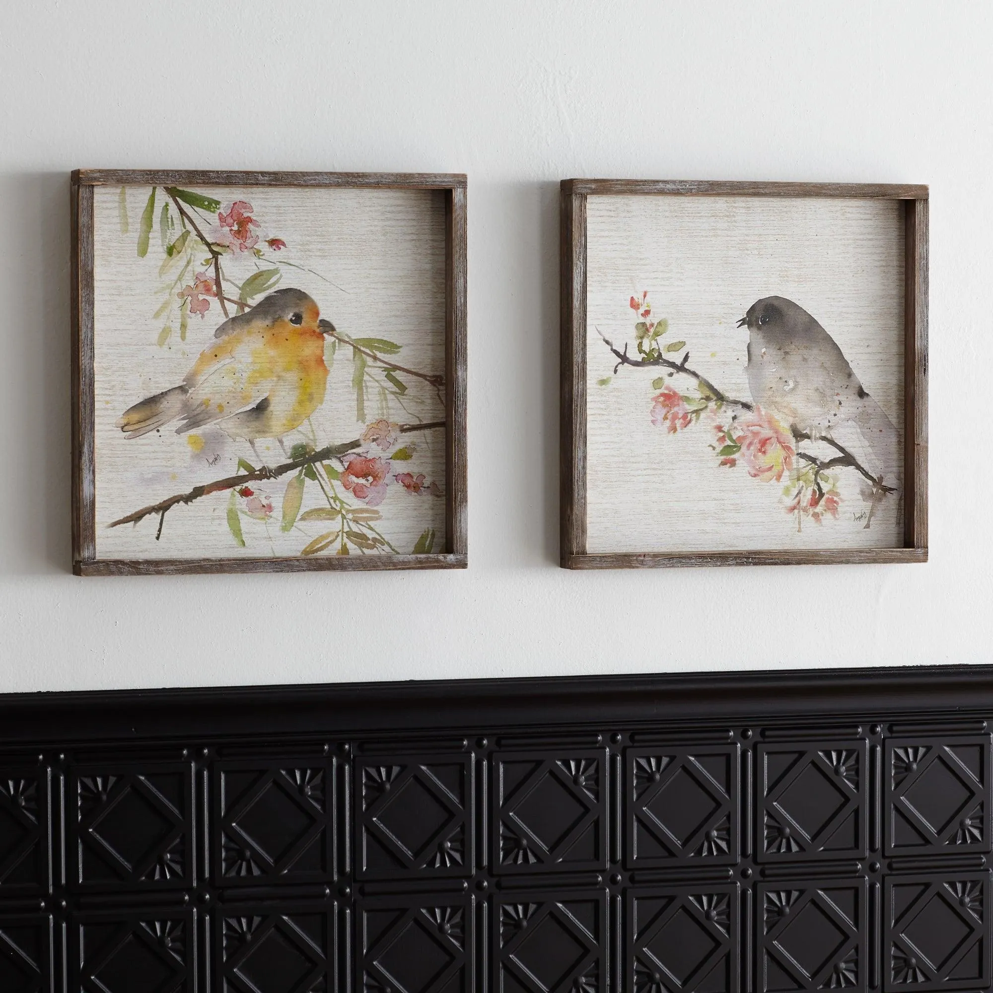 Wood Framed Watercolor Bird Plaque (Set of 2)