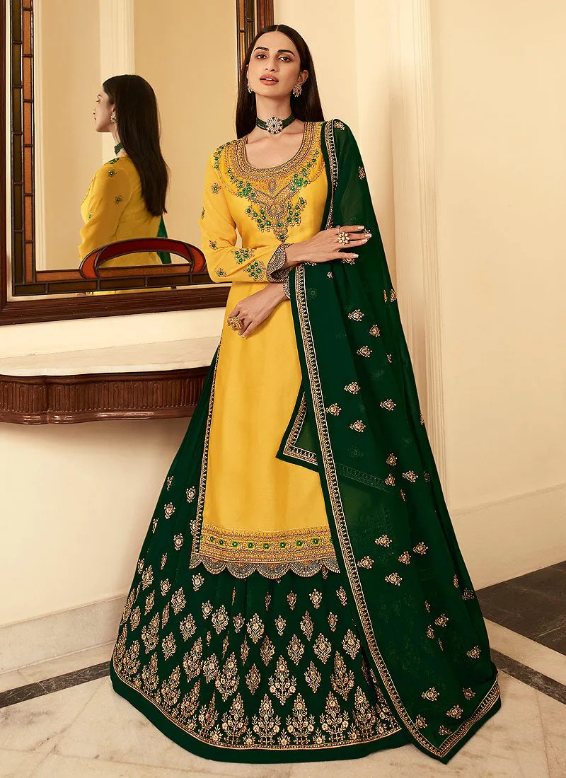 Yellow And Green Golden Zari Embroidered Indian Lehenga Suit