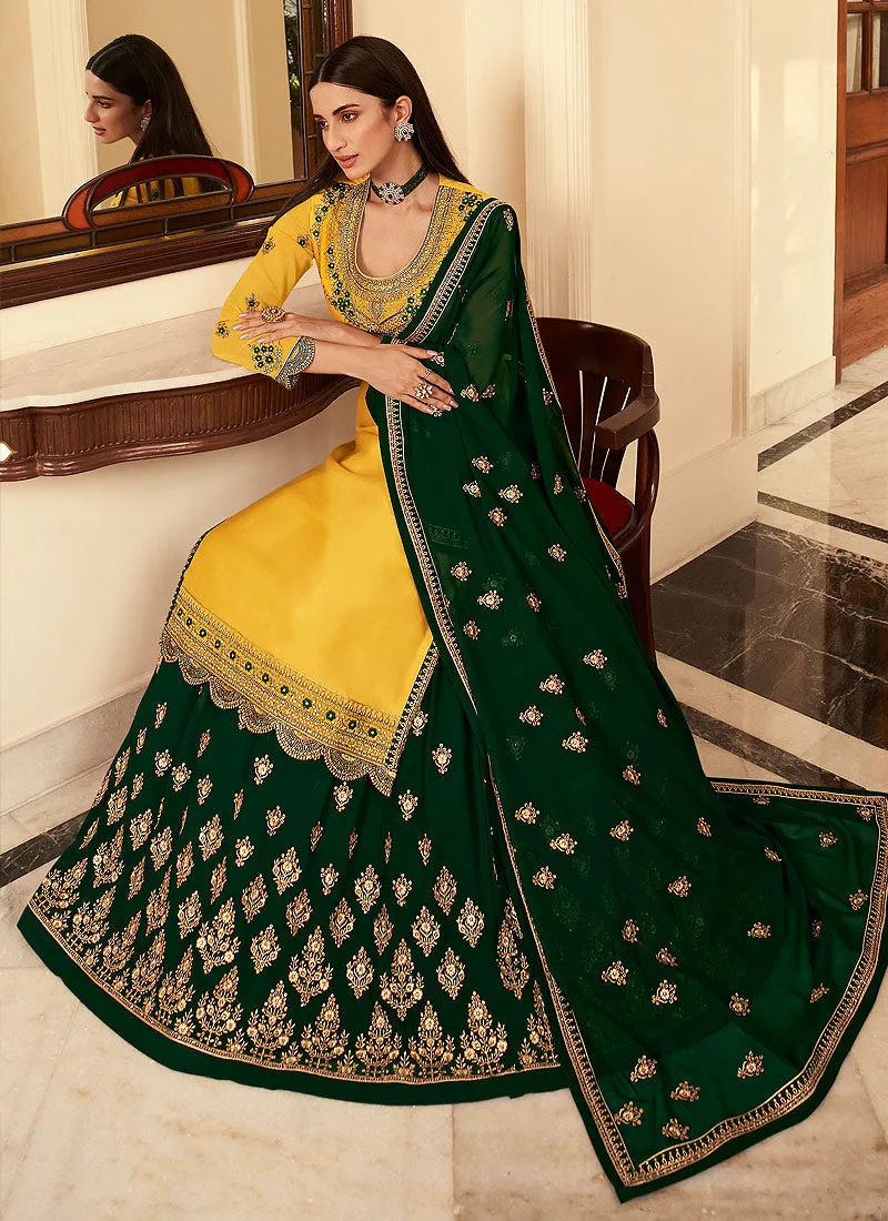 Yellow And Green Golden Zari Embroidered Indian Lehenga Suit