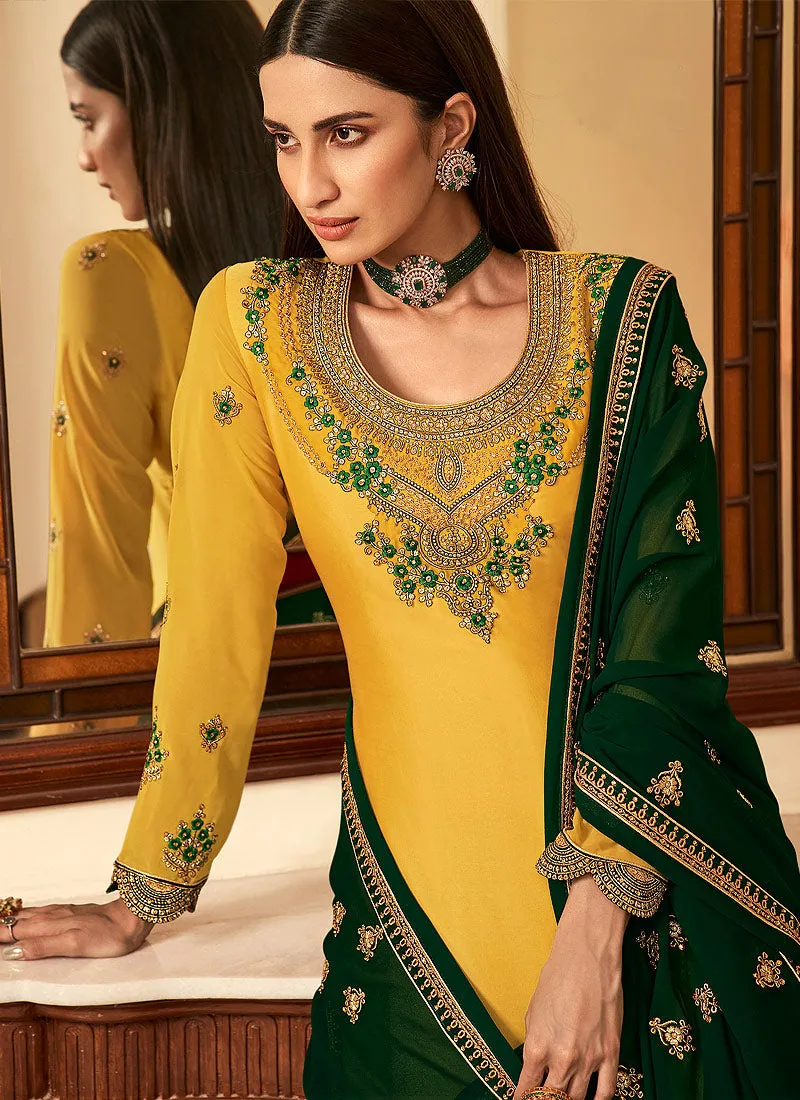 Yellow And Green Golden Zari Embroidered Indian Lehenga Suit