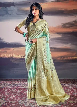 Yellow And Teal Brocade Weaved Satin Silk Saree