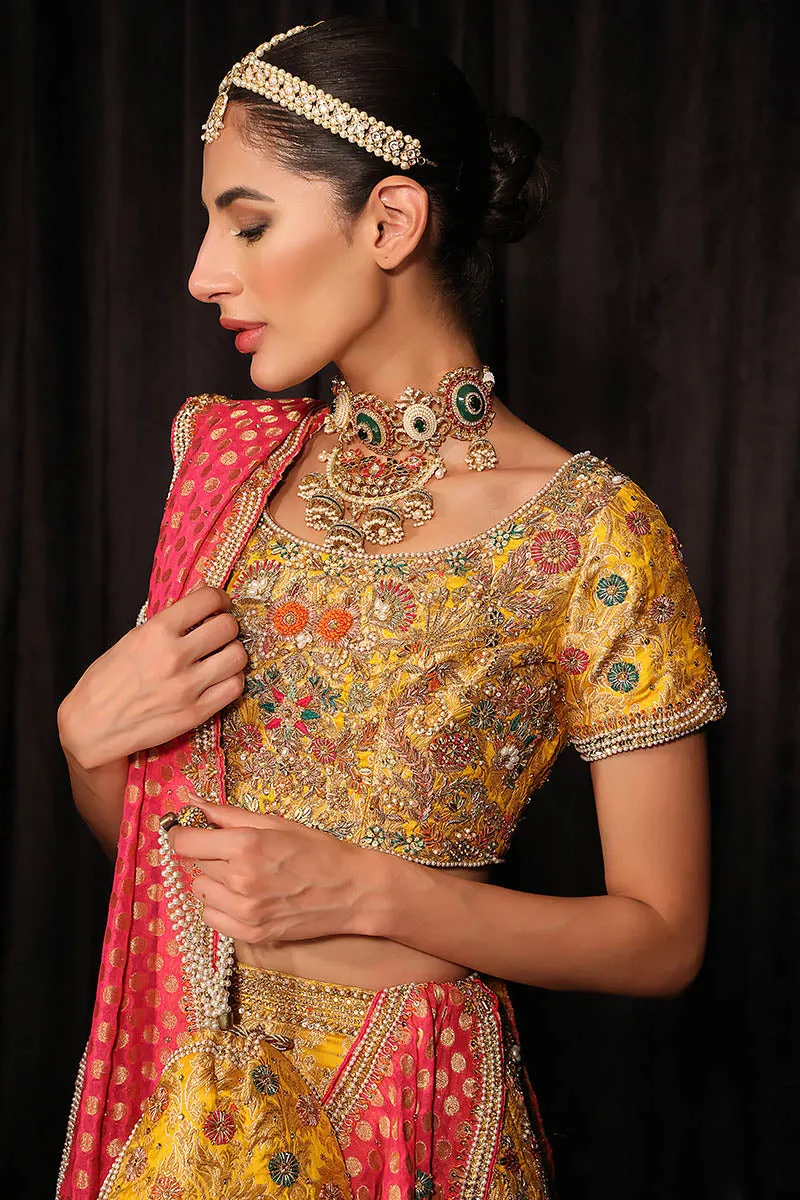 Yellow Lehenga Choli and Pink Dupatta Mehndi Dress