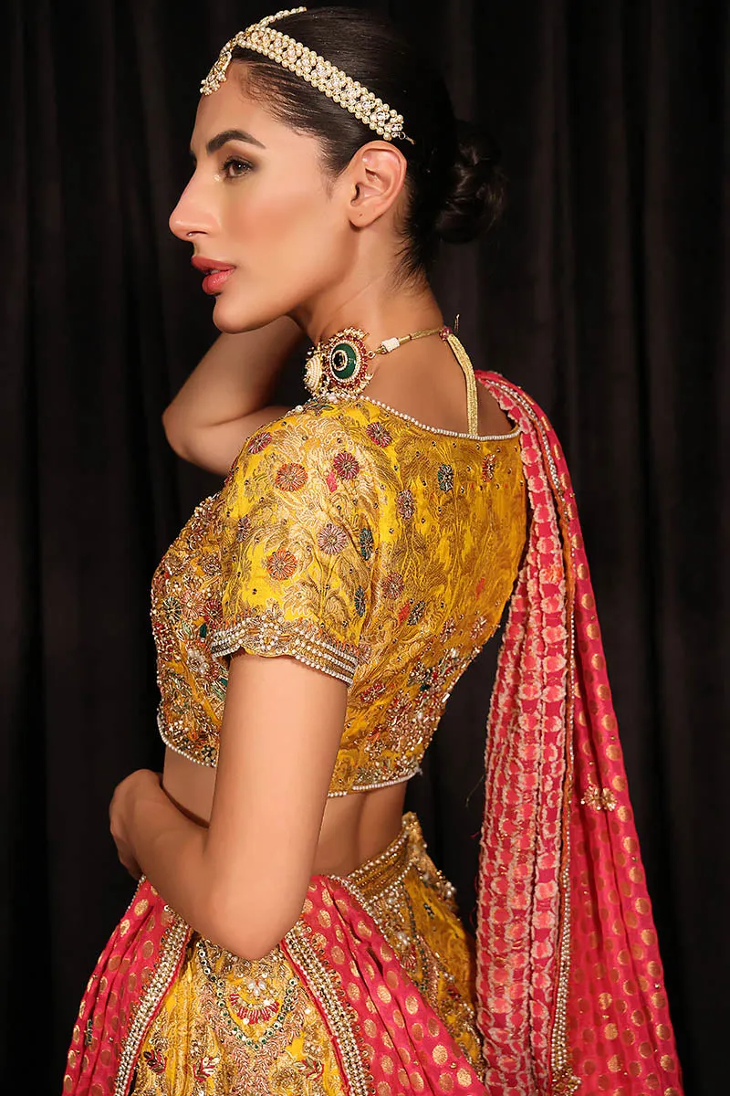 Yellow Lehenga Choli and Pink Dupatta Mehndi Dress