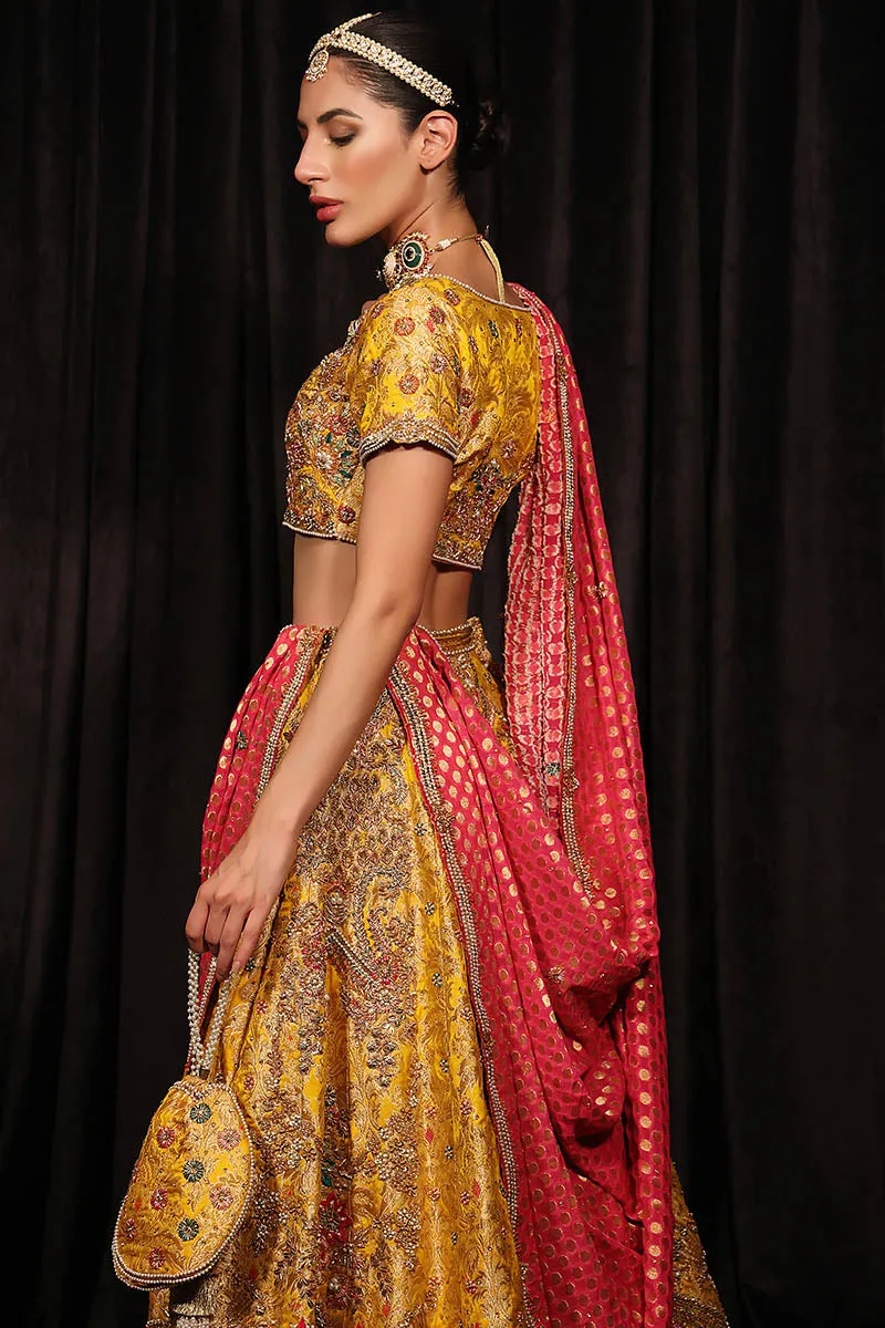 Yellow Lehenga Choli and Pink Dupatta Mehndi Dress