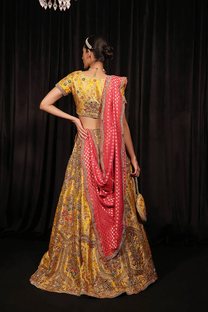 Yellow Lehenga Choli and Pink Dupatta Mehndi Dress